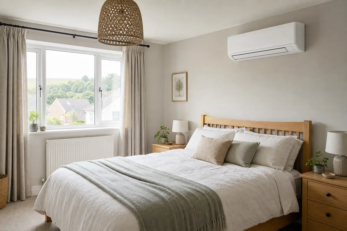 Wall-mounted air conditioning unit in a North Devon bedroom