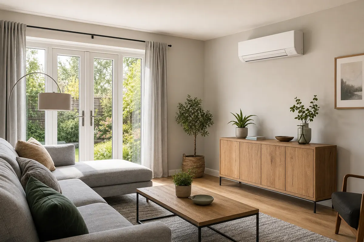 Wall-mounted air conditioning unit above a living-room sideboard Wall-mounted air conditioning unit above a living-room sideboard