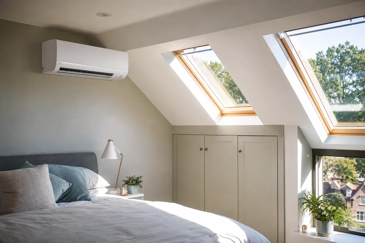 Wall-mounted air conditioning unit in a sunlit loft bedroom