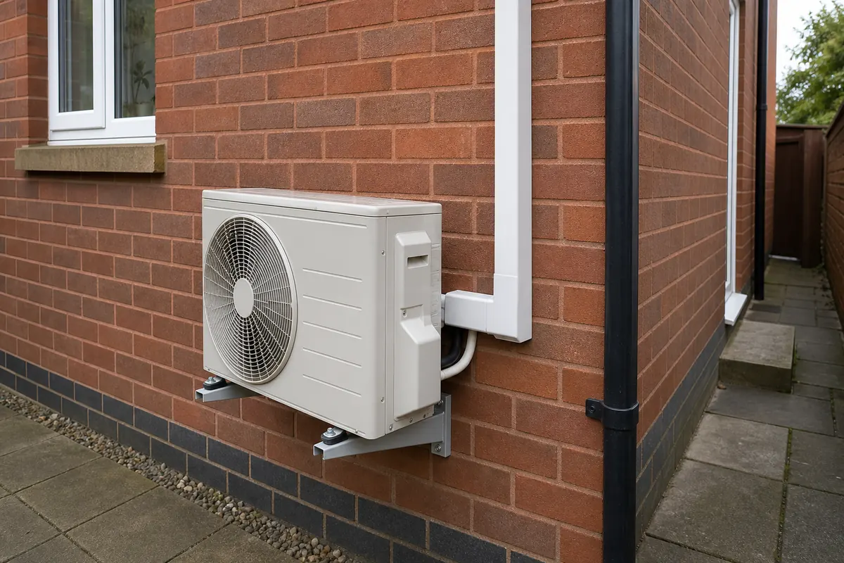 Outdoor air conditioning condenser mounted beside a brick wall